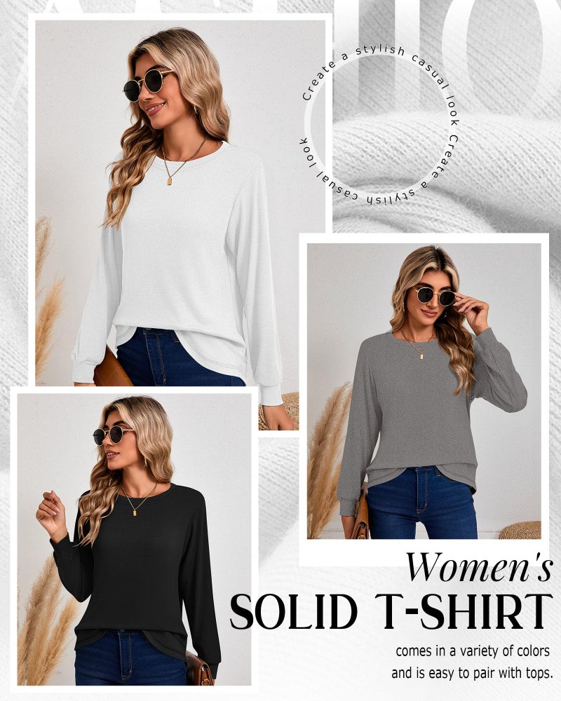 Ficerd 3 Pack Women's Long Sleeve Shirts, Cotton Crew Neck Tunic Tops Casual Loose Fit Pullover Sweatshirts Curved Hem Shirts(Black, Heather Gray, White,Large) - Image 2