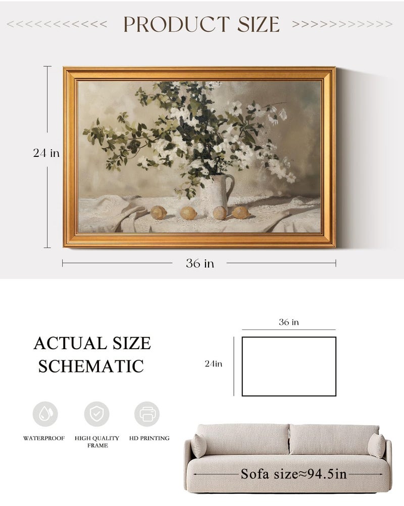 ARPEOTCY Large Gold Framed Canvas Wall Art, 24x36 Inch, Rustic Flower and Lemon Art Prints, Vintage Neutral Decor for Dining Living Room Hallway Kitchen, Country Farmhouse Decor - Image 4