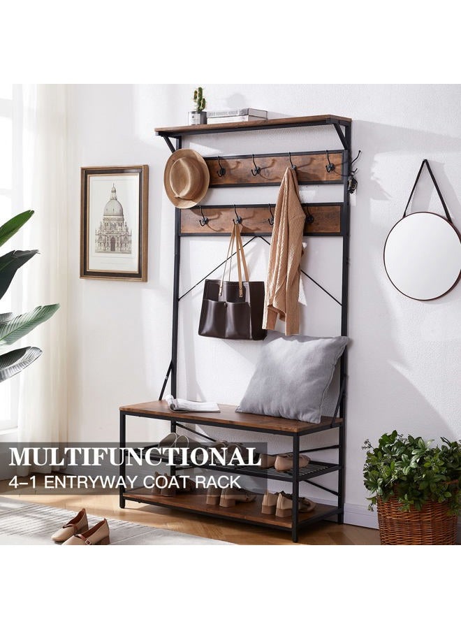OIAHOMY 3-in-1 Entryway Coat Rack,Vintage Industrial Hall Tree 72 Inch with Storage Bench and Coat Racks Entryway Storage Shelf Organizer with 9 Hooks， Large Size, Wood Look Accent Furniture with Metal Frame - Image 2