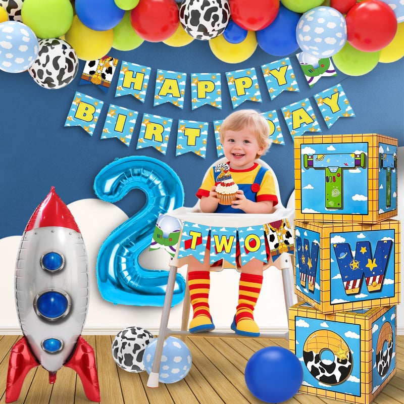 Wakeys Two Infinity and Beyond Birthday Decorations, 108 Pcs Toy Inspired Story 2nd Birthday Party Supplies Include Toy Inspired Story Balloon Boxes, Banner, Balloons, Backdrop, Cake Topper, Tablecloth - Image 4
