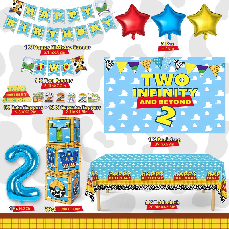Wakeys Two Infinity and Beyond Birthday Decorations, 108 Pcs Toy Inspired Story 2nd Birthday Party Supplies Include Toy Inspired Story Balloon Boxes, Banner, Balloons, Backdrop, Cake Topper, Tablecloth - Image 3