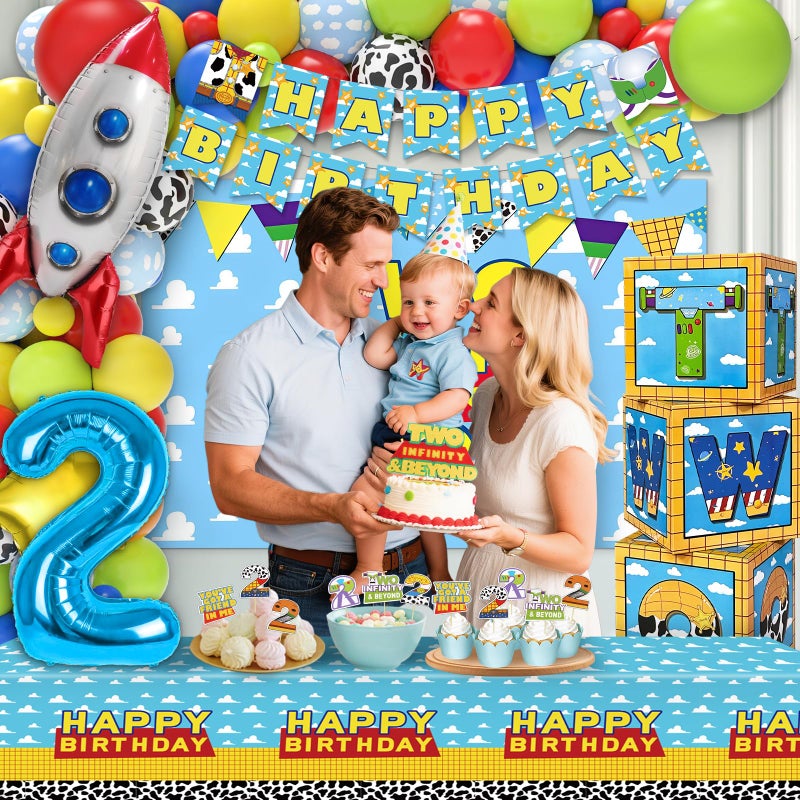 Wakeys Two Infinity and Beyond Birthday Decorations, 108 Pcs Toy Inspired Story 2nd Birthday Party Supplies Include Toy Inspired Story Balloon Boxes, Banner, Balloons, Backdrop, Cake Topper, Tablecloth - Image 5