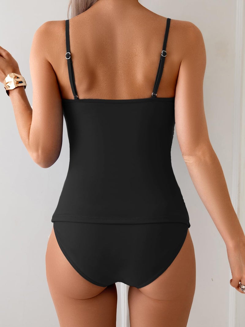 Eomenie Tankini Swimsuits for Women Two Piece Tummy Control Bathing Suit Slimming Modest Swimwear with High Waisted Bottom Black - Image 3