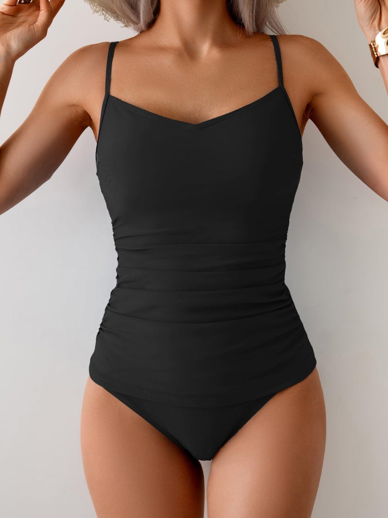 Eomenie Tankini Swimsuits for Women Two Piece Tummy Control Bathing Suit Slimming Modest Swimwear with High Waisted Bottom Black - Image 4