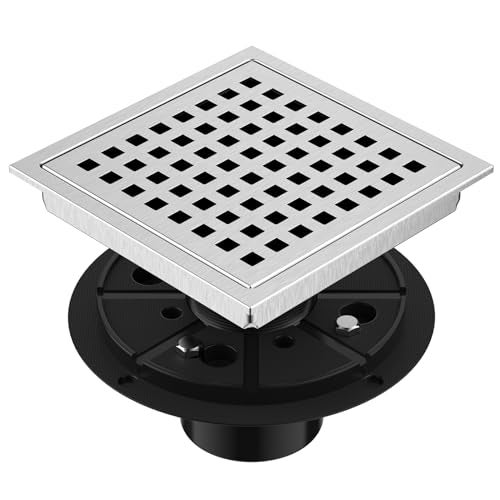 EXF 6 Inch Square Shower Drain Brushed Nickel Stainless Steel Shower Floor Drain Kit with ABS Flange Removable Grid Cover Hair Strainer