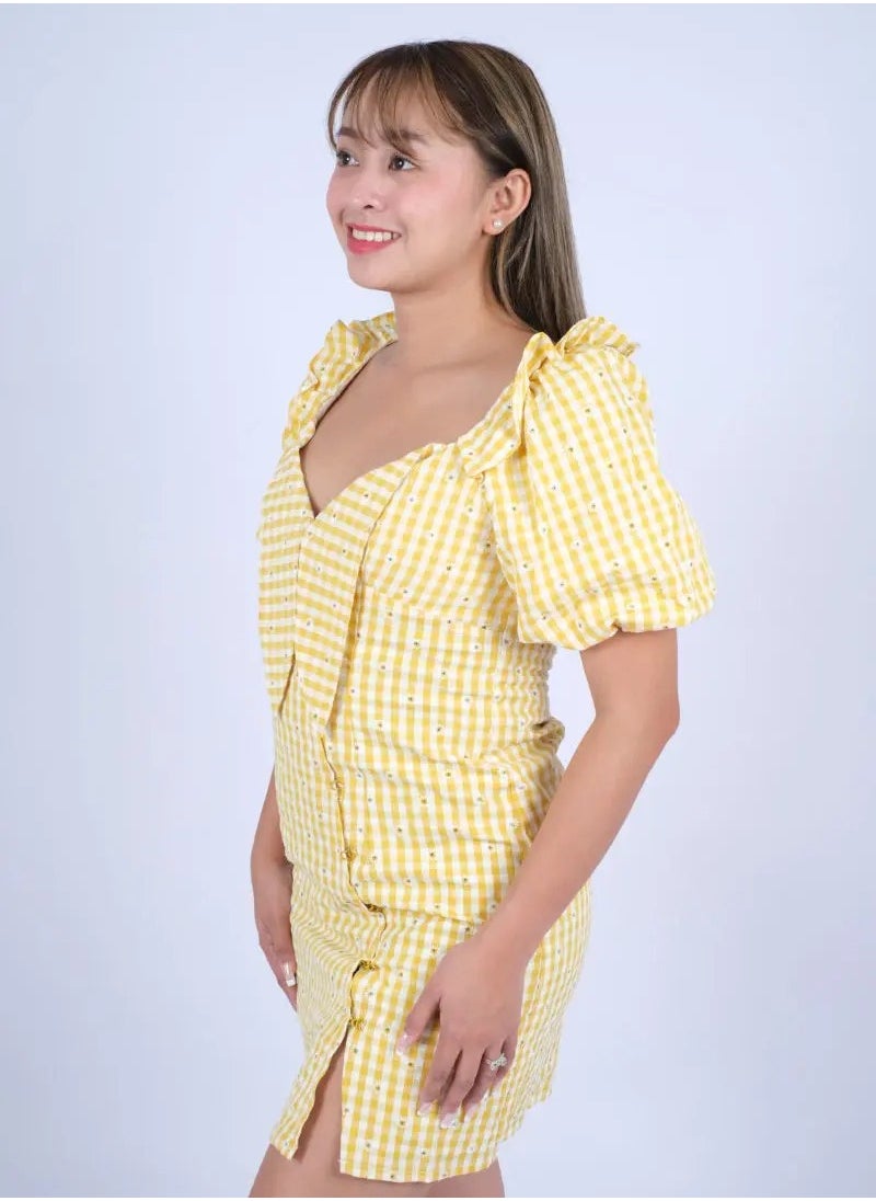 ONLY - Women’s Checked Floral Button Down Short Dress in Sunflower Yellow - Image 1