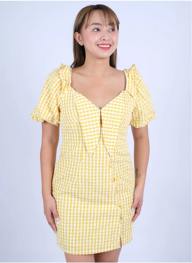 ONLY - Women’s Checked Floral Button Down Short Dress in Sunflower Yellow - Image 1