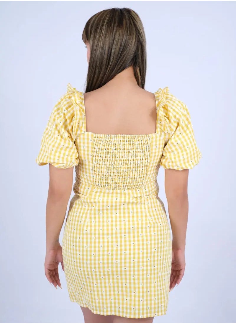 ONLY - Women’s Checked Floral Button Down Short Dress in Sunflower Yellow - Image 1