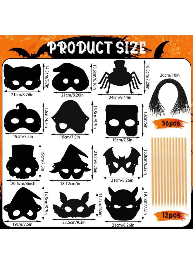 Augsun Halloween Crafts, 36PCS Rainbow Scratch Mask for Halloween Party Favors Supplies Cute Pumpkin Bat Witch Skull Magic Scratch Paper Art Mask for Kids Halloween Party Games - Image 2