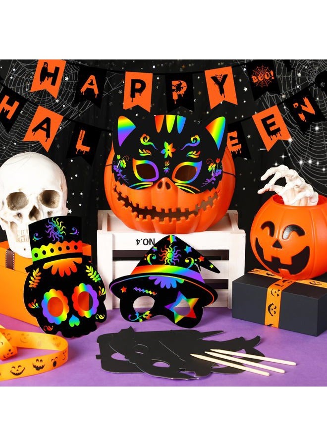 Augsun Halloween Crafts, 36PCS Rainbow Scratch Mask for Halloween Party Favors Supplies Cute Pumpkin Bat Witch Skull Magic Scratch Paper Art Mask for Kids Halloween Party Games - Image 4