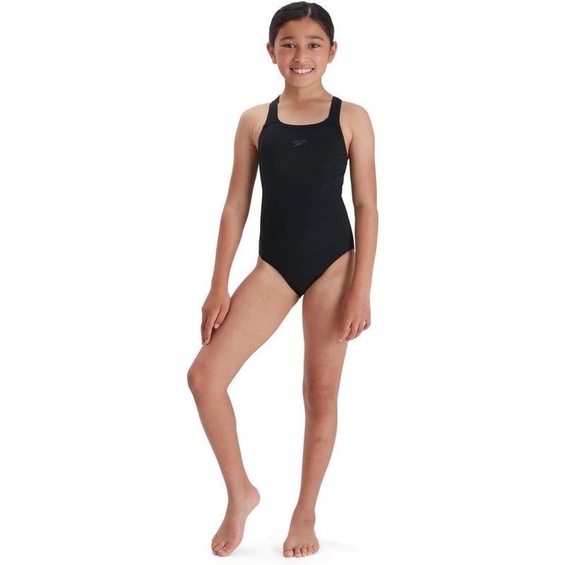 Junior Girls' Speedo ECO Endurance+ Medallist Swimsuit: pool use, recycled polyester fabric, navy blue, chlorine-resistant comfort and extra flexibility - Image 2