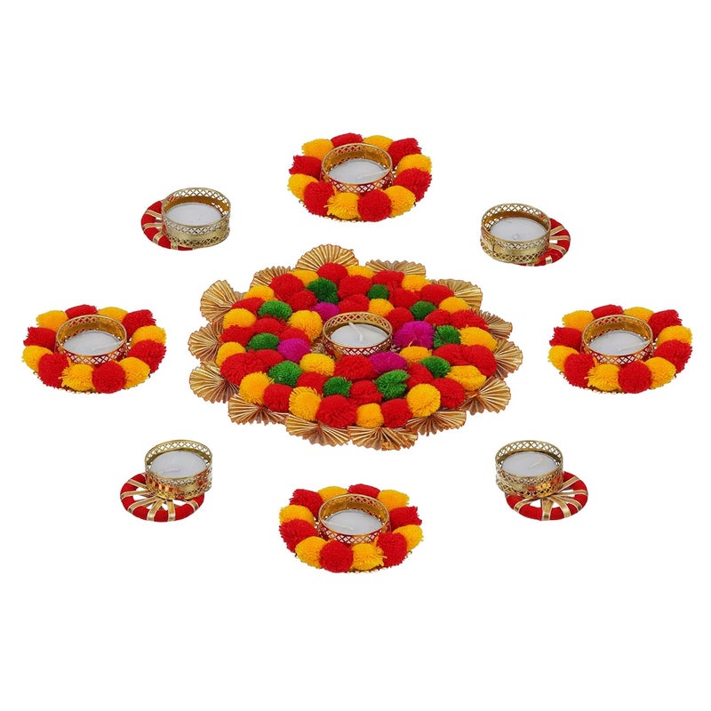 Sanvatsar Home Decorative Rangoli Diya Set Corporate Gift Diwali Gift Diya for puja Home Decoration Light Diya Christmas Candle Lighting New Year Candle Set of 9 Yellow Red - Image 3