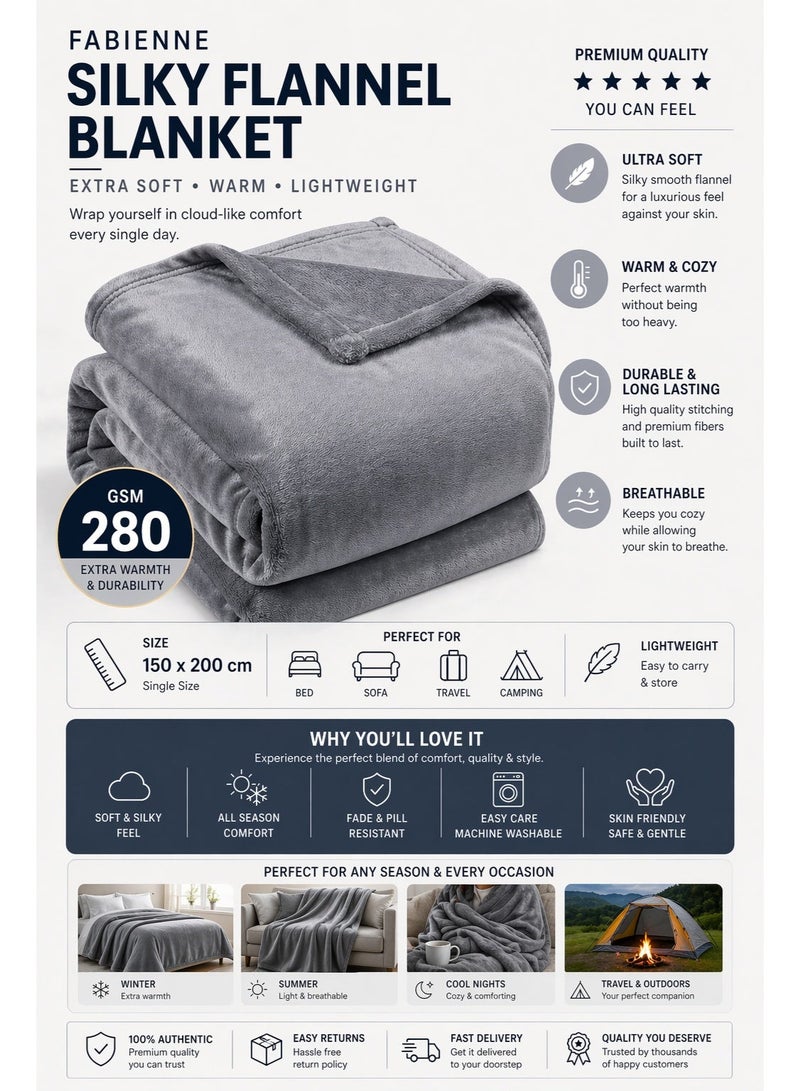 Fabienne 2-Pc Single Blanket Grey 280 GSM Microfiber Fleece Flannel Bed Blanket 150x200cm Super Plush and Silky Throw Blanket - Image 2