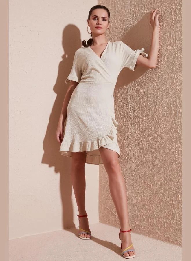 Lela Lela Ruffled Wrap Collar Short Sleeve Crinkle Stretch Dress Women's Dress 5865016