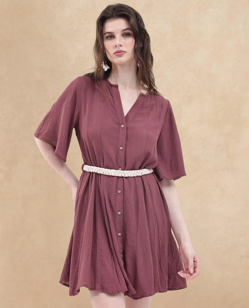 Rareism Rareism Women's Gildmore Maroon Rayon Fabric V-Neck Button Closure Flared Sleeve Plain Flared Mini Dress