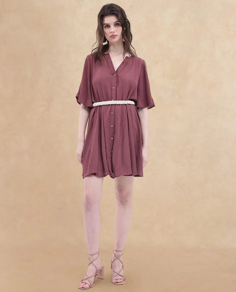 Rareism Rareism Women's Gildmore Maroon Rayon Fabric V-Neck Button Closure Flared Sleeve Plain Flared Mini Dress