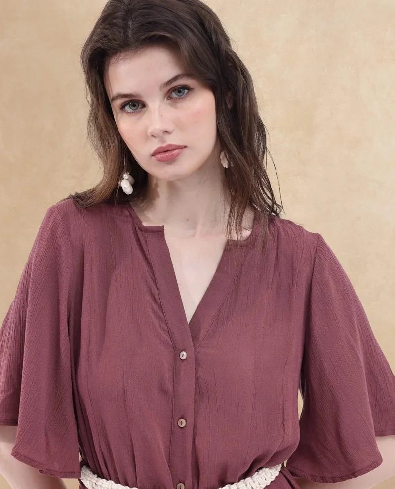 Rareism Women's Short Dress With Flared Sleeve Macrame Belt