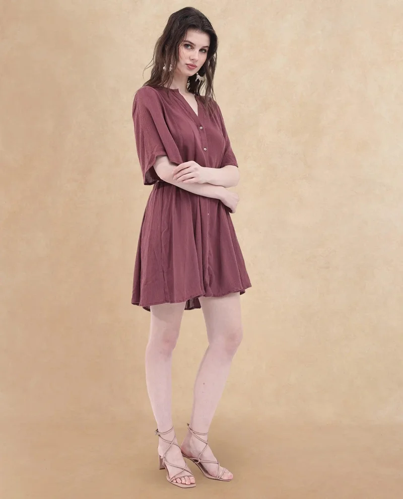 Rareism Women's Short Dress With Flared Sleeve Macrame Belt