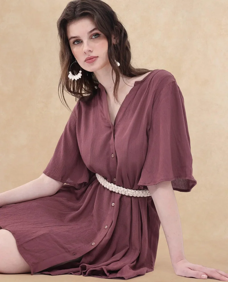 Rareism Women's Short Dress With Flared Sleeve Macrame Belt