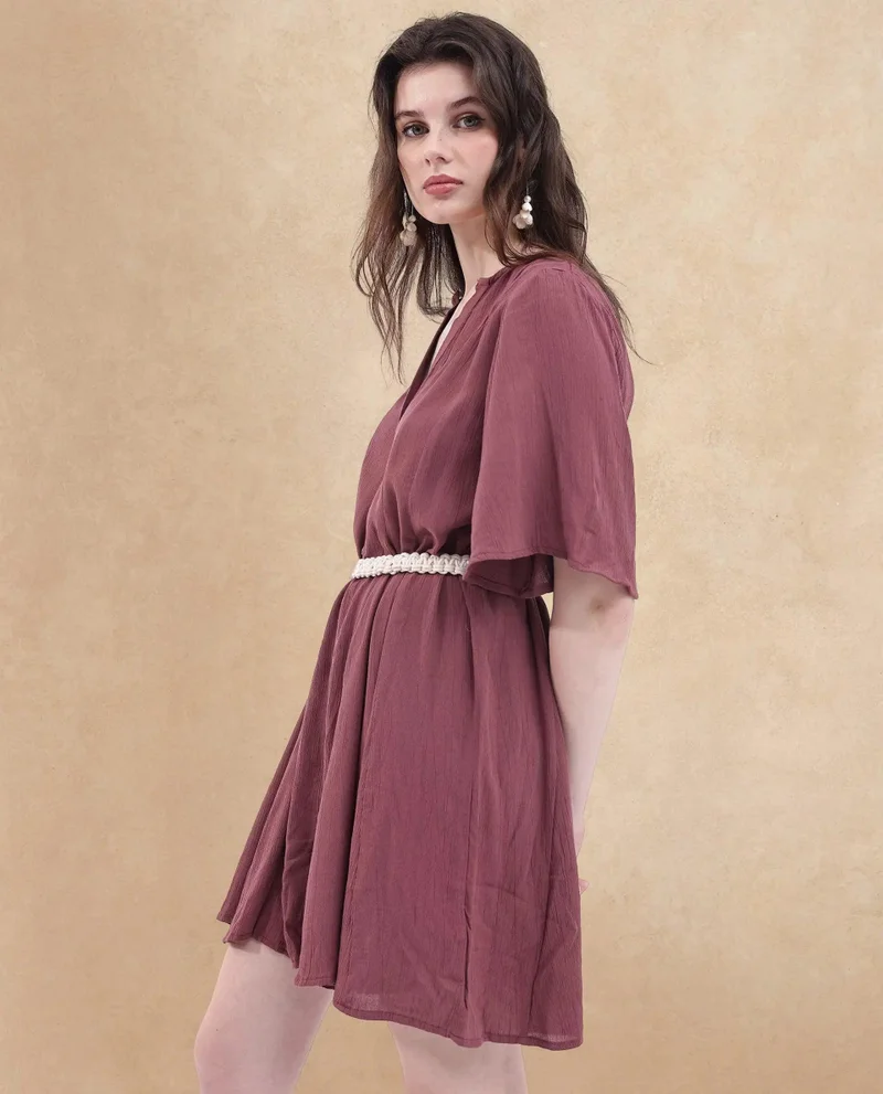 Rareism Women's Short Dress With Flared Sleeve Macrame Belt