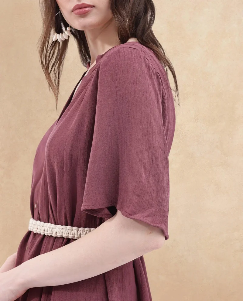 Rareism Women's Short Dress With Flared Sleeve Macrame Belt