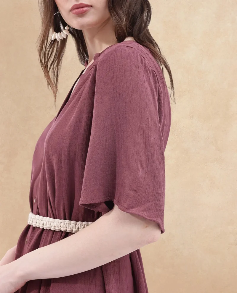 ريريزم فستان قصير نسائي بحزام مكرميه وأكمام واسعة