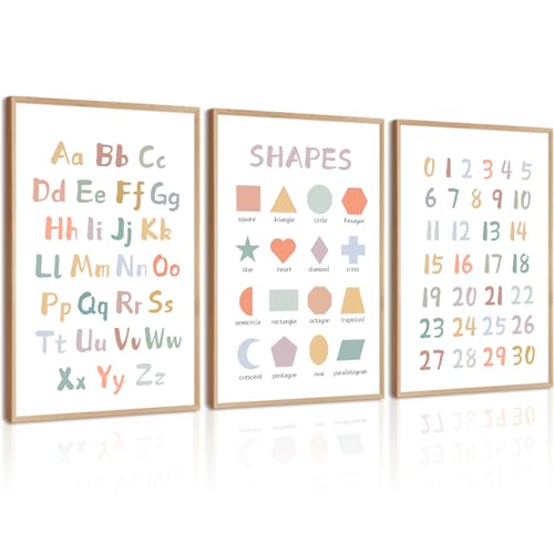 Pennclys Kids Playroom Wall Art Decor Nursery ABC Alphabet Poster Play Room Canvas Wall Decor Toddler Childrens Educational Artwork Numbers Shapes Prints ABC Picture for Playroom 12x16 Inch Unframed Set of 3 - Image 1