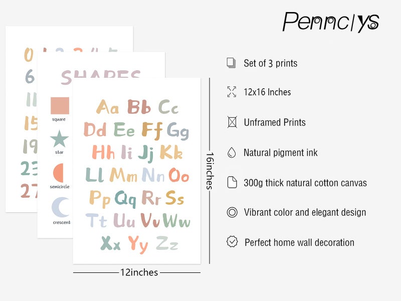 Pennclys Kids Playroom Wall Art Decor Nursery ABC Alphabet Poster Play Room Canvas Wall Decor Toddler Childrens Educational Artwork Numbers Shapes Prints ABC Picture for Playroom 12x16 Inch Unframed Set of 3 - Image 2