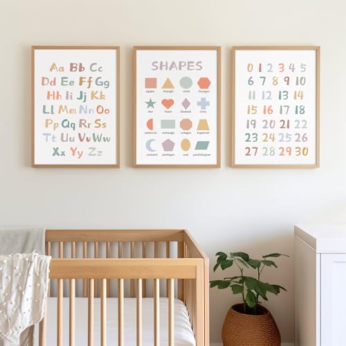 Pennclys Kids Playroom Wall Art Decor Nursery ABC Alphabet Poster Play Room Canvas Wall Decor Toddler Childrens Educational Artwork Numbers Shapes Prints ABC Picture for Playroom 12x16 Inch Unframed Set of 3 - Image 4