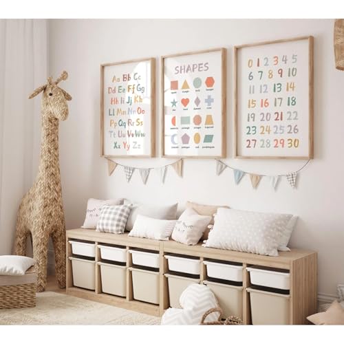 Pennclys Kids Playroom Wall Art Decor Nursery ABC Alphabet Poster Play Room Canvas Wall Decor Toddler Childrens Educational Artwork Numbers Shapes Prints ABC Picture for Playroom 12x16 Inch Unframed Set of 3 - Image 3