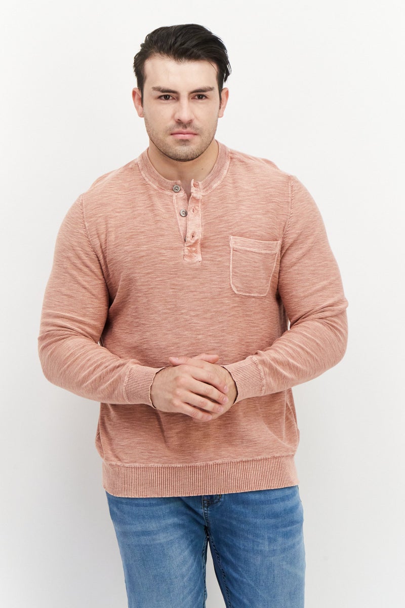TRUE GRIT Men Henley Neck Long Sleeve Knitted T-Shirt, Pink - Image 1
