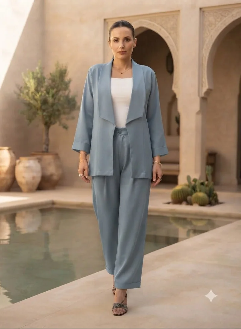 Nikias Dusty Blue Co-Ord Set | Jacket & Wide-Leg Pants