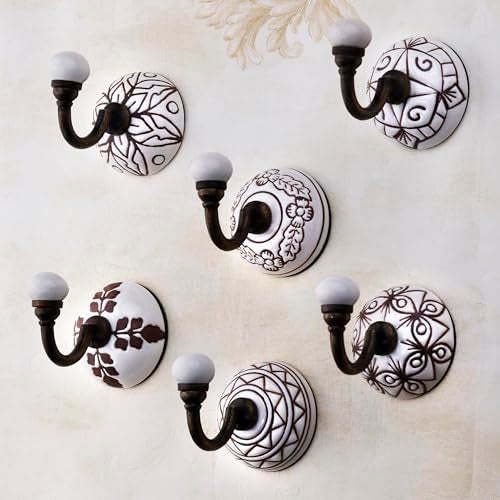 Indian-Shelf 6 Pieces Brown Ceramic Handpainted Coat Hooks Unique Wall Hooks for Hanging Towel Decorative Heavy Duty Entryway Coat Rack Shower Robe Holder Hat Rack Hooks - Image 1