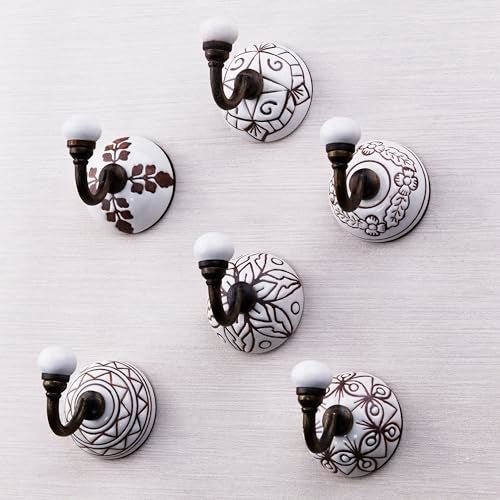 Indian-Shelf 6 Pieces Brown Ceramic Handpainted Coat Hooks Unique Wall Hooks for Hanging Towel Decorative Heavy Duty Entryway Coat Rack Shower Robe Holder Hat Rack Hooks - Image 2