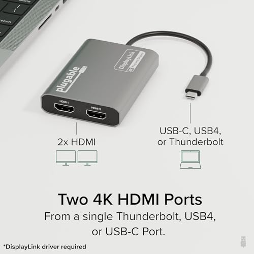 Plugable USB C to HDMI Adapter, Dual Monitor 4K 60Hz for Apple Mac M1/M2/M3, DisplayLink Multiple Displays for Thunderbolt MacBook or iMac, Driver Required (USBC-6950M) - Image 2