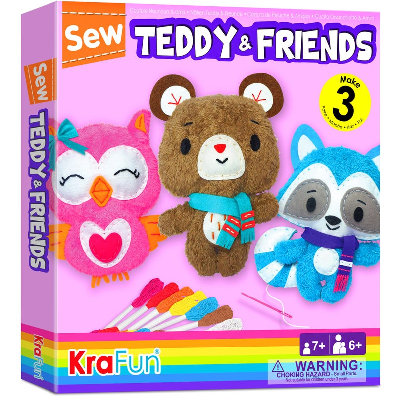 KRAFUN Sewing Kit for Kids Age 7 8 9 10 11 12 Beginner My First Art & Craft, Includes 3 Stuffed Animal Dolls Teddy, Raccoon and Owl, Instructions & Plush Felt Materials for Learn to Sew, Embroidery - Image 1