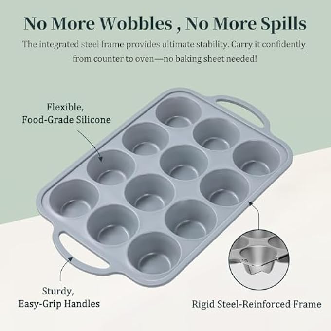 12 كوب سيليكون الكعك عموم الحرفية الانتهاء من المعادن المقوى إطار الصلب لتعزيز الاستقرار غير لاصق BpaFree لسهولة الخبز تنظيف قوالب للكب كيك البيض لدغات غسالة الصحون آمنة - Image 5