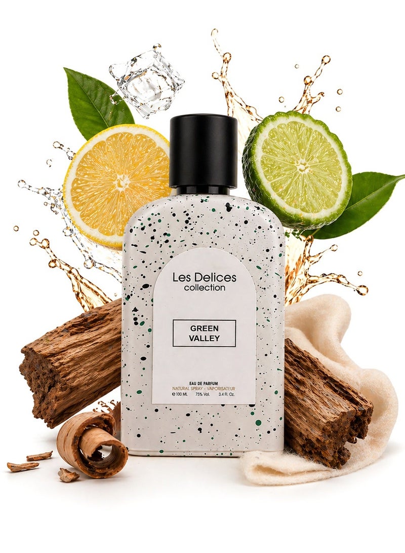 Divina Green Valley Eau de Parfum 100ml Unisex - Les Delices Collection, Long Lasting Citrus Woody Perfume with Lemon, Ice, Bergamot, Mandarin, Cashmere Wood & Sandalwood - Image 1