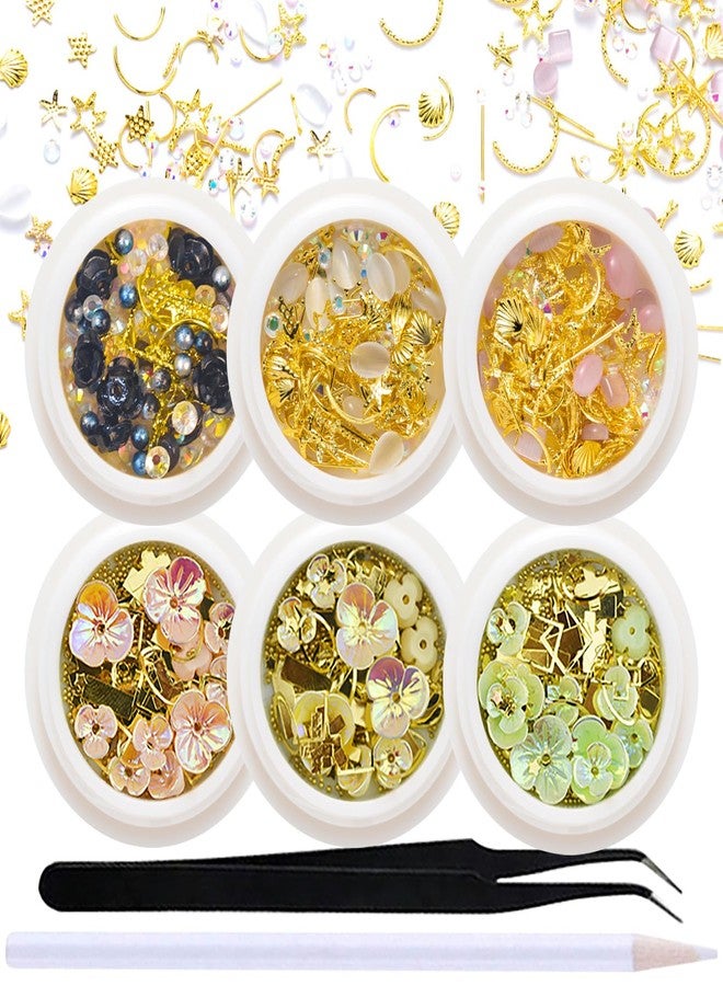 SILPECWEE مجموعة تزيين الأظافر 3D من SILPECWEE 6 صناديق أحجار عين القط زهور قواقع مسامير معدنية مع ملقط و قلم مختار 1 قطعة - Image 1