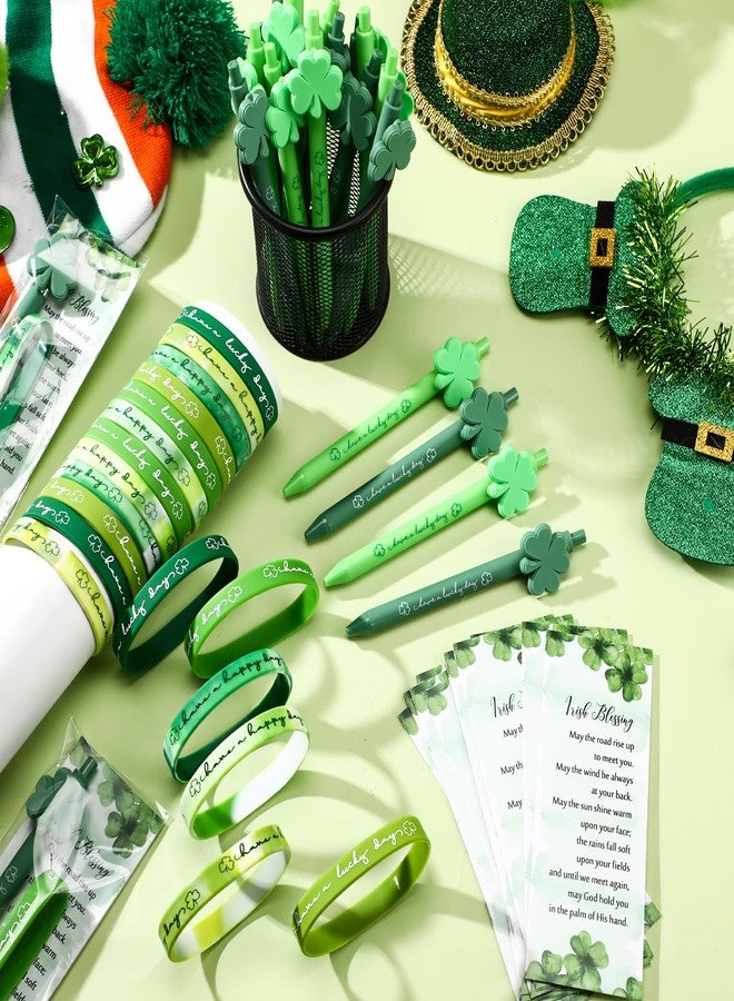 Sayglossy 72 Pcs St. Patrick's Day Party Favors Shamrock Ballpoint Pen Silicone Wristband Bracelet Green Irish Blessing Prayer Card Bulk Good Luck Clover Gift for Teacher Employee Office Supplies - Image 5
