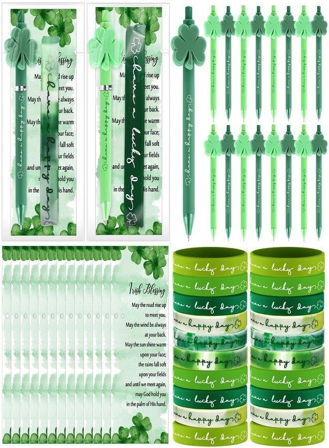Sayglossy 72 Pcs St. Patrick's Day Party Favors Shamrock Ballpoint Pen Silicone Wristband Bracelet Green Irish Blessing Prayer Card Bulk Good Luck Clover Gift for Teacher Employee Office Supplies - Image 1