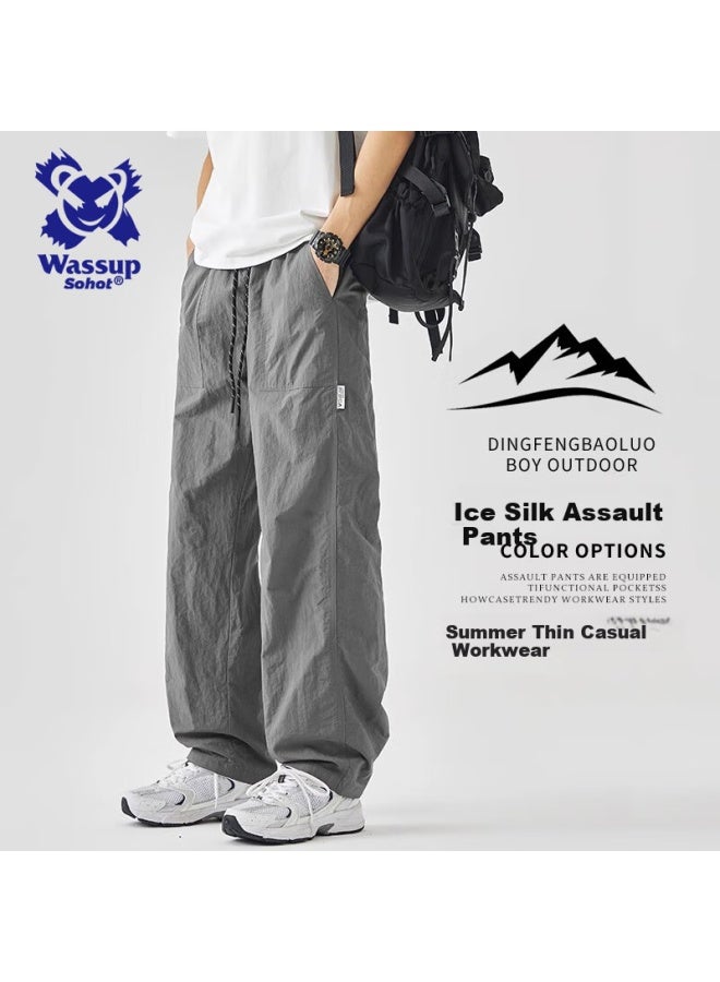 Wassup Sohot Men's Casual Pants Summer Trendy Workwear Pants Men's Ice Silk Quick-drying Outdoor Paratrooper Sports Trousers Grey XL - Image 1
