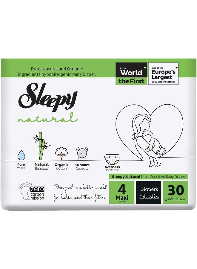 Sleepy Natural Size 4 , Newborn, 30 Count, 7-14Kg Hypoallergenic Baby Dry Diapers, Organic Cotton, Highly Absorbent, Bamboo Extract, Ultimate Comfort And Dryness, 100% Leakage Protection  - Image 1