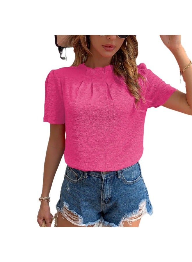 New Round Neck Solid Color Short Sleeve Top - Image 5