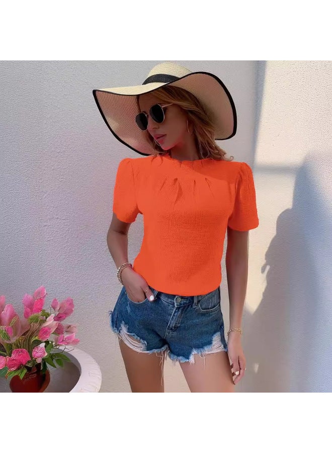 New Round Neck Solid Color Short Sleeve Top - Image 3