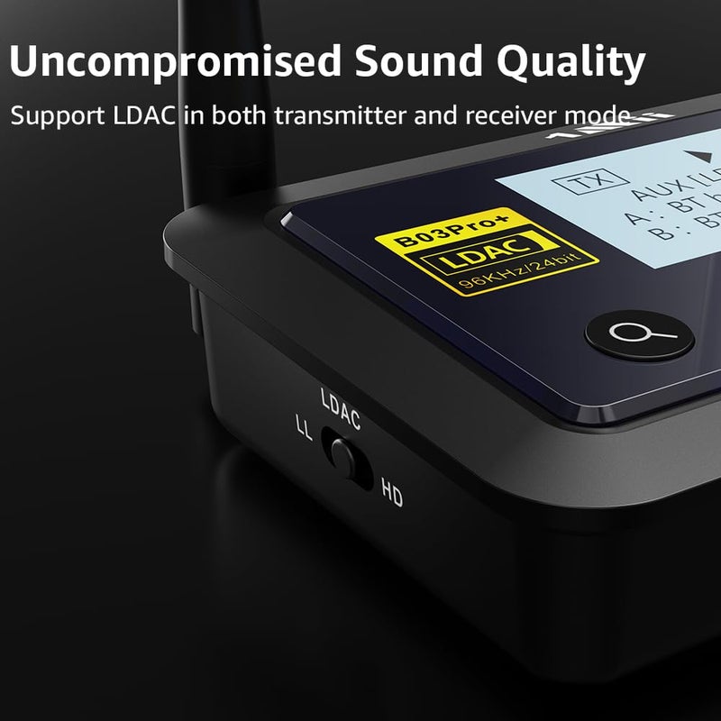 1Mii B03Pro+ جهاز إرسال واستقبال بلوتوث 5.3 معتمد LDAC للتلفاز ونظام الصوت المنزلي، موسع بلوتوث بعيد المدى محول صوت لاسلكي مع شاشة، مخرجات/مدخلات بصرية RCA AUX 3.5mm - Image 2