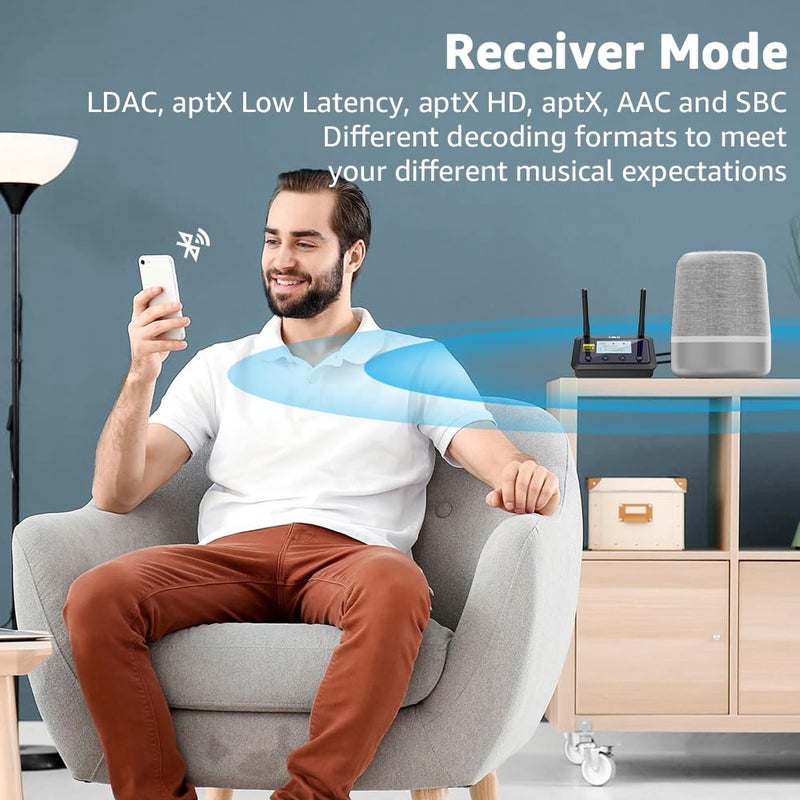 1Mii B03Pro+ جهاز إرسال واستقبال بلوتوث 5.3 معتمد LDAC للتلفاز ونظام الصوت المنزلي، موسع بلوتوث بعيد المدى محول صوت لاسلكي مع شاشة، مخرجات/مدخلات بصرية RCA AUX 3.5mm - Image 3