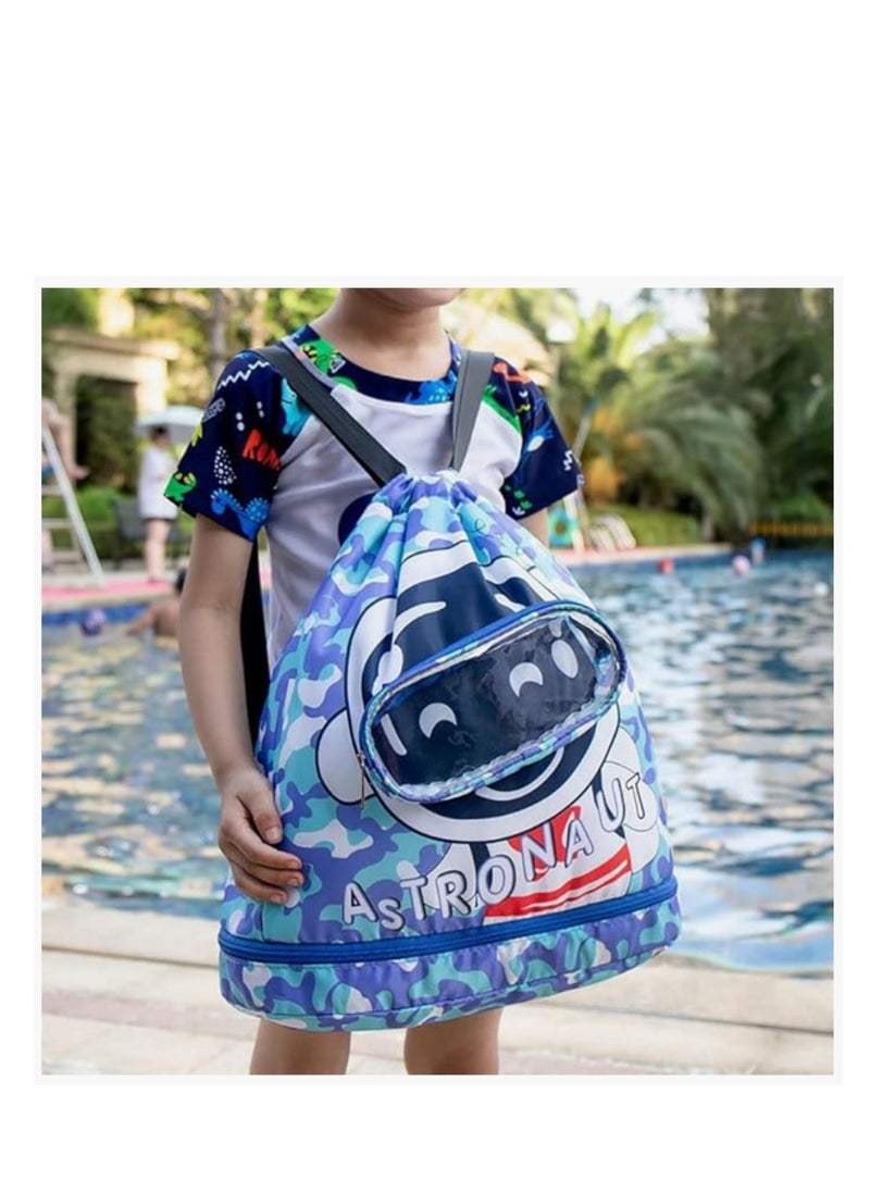 CityRiya-Long Kids Swimming Backpack, Waterproof Drawstring Bag Dry and Wet Separated, Cartoon Pattern Swim Gear Bag for Boys Girls  - Image 1