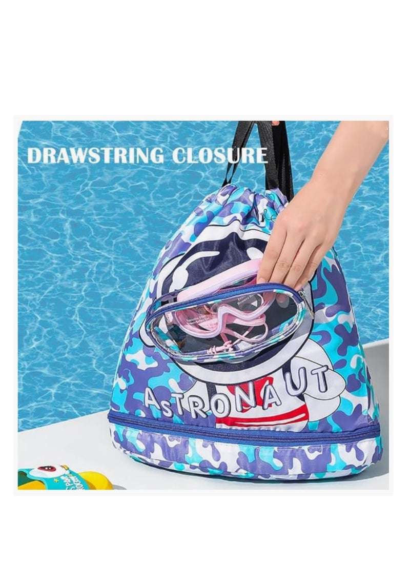 CityRiya-Long Kids Swimming Backpack, Waterproof Drawstring Bag Dry and Wet Separated, Cartoon Pattern Swim Gear Bag for Boys Girls  - Image 4