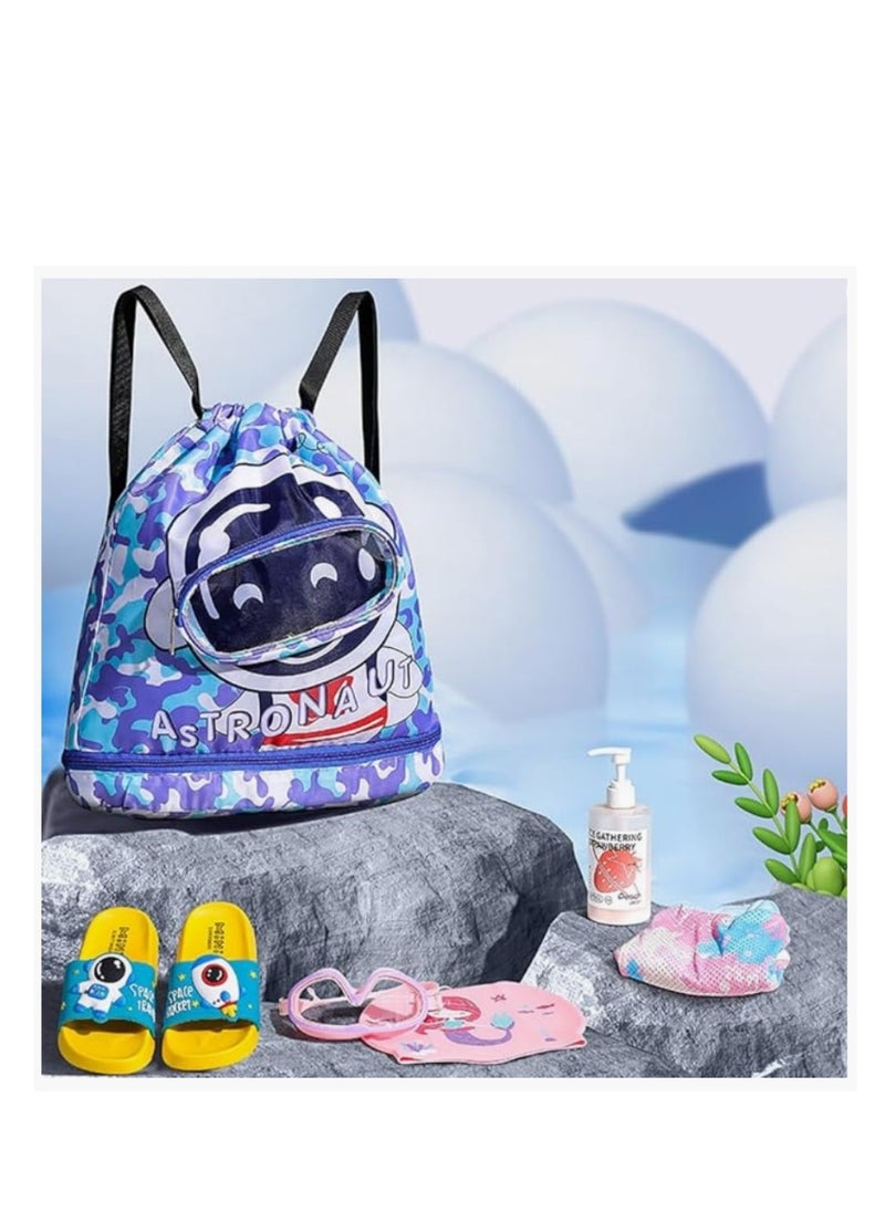 CityRiya-Long Kids Swimming Backpack, Waterproof Drawstring Bag Dry and Wet Separated, Cartoon Pattern Swim Gear Bag for Boys Girls  - Image 3